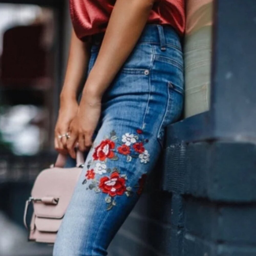 Express Blue Jeans with Red Floral Embroidery